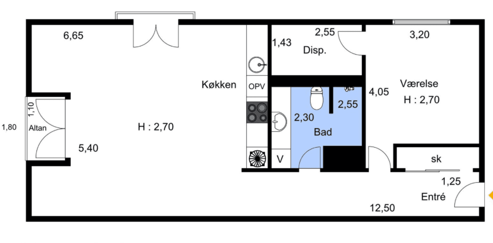 Example of inefficient floor plan with big corridor